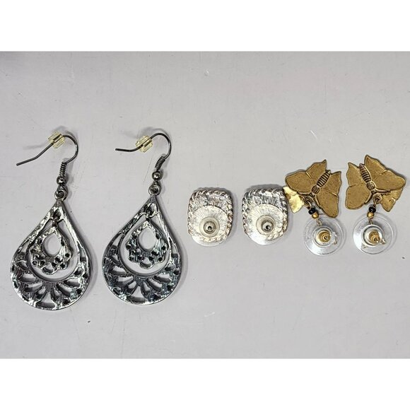 Set Of 3 Pairs Of Earrings: Silver Tone Teardrop Green Stud Gold Butterfly Desig - Picture 5 of 6